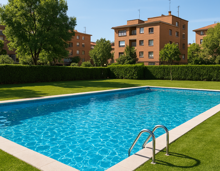 Boadilla del monte 011 Piscina azul con escalera, rodeada de césped y edificios de ladrillo en un día soleado.